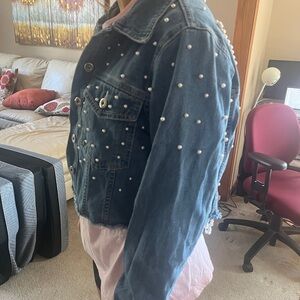 Women's Blue Denim Jacket with Pearl Accents